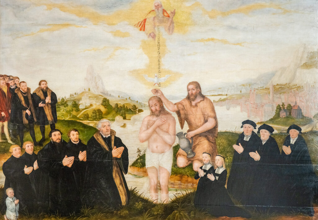 Baptism of Christ, Lucas Cranach; Bugenhagen prays with sons. 